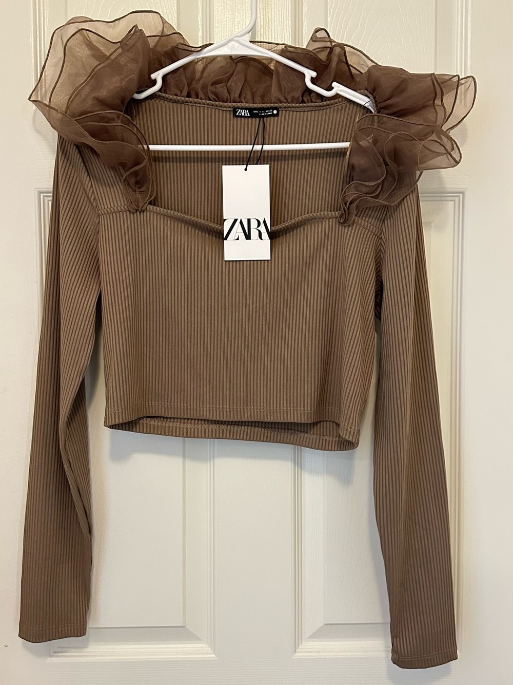 Zara Taupe Ribbed Crop Top with Organza Ruffle Neck